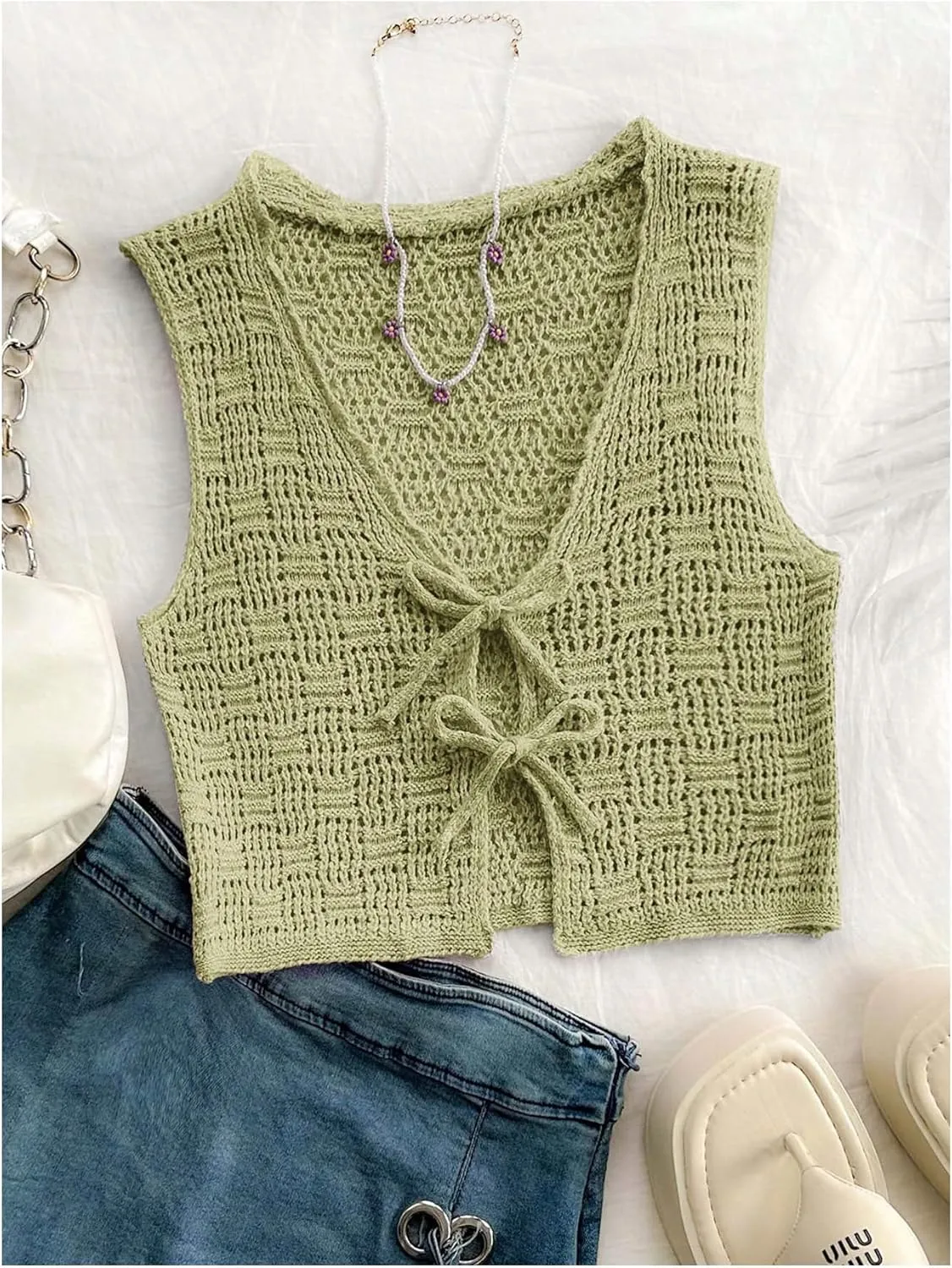 Women's V Neck Crochet Knit Sweater Vests Sleeveless Tie Front Tank Tops Summer Knitwear