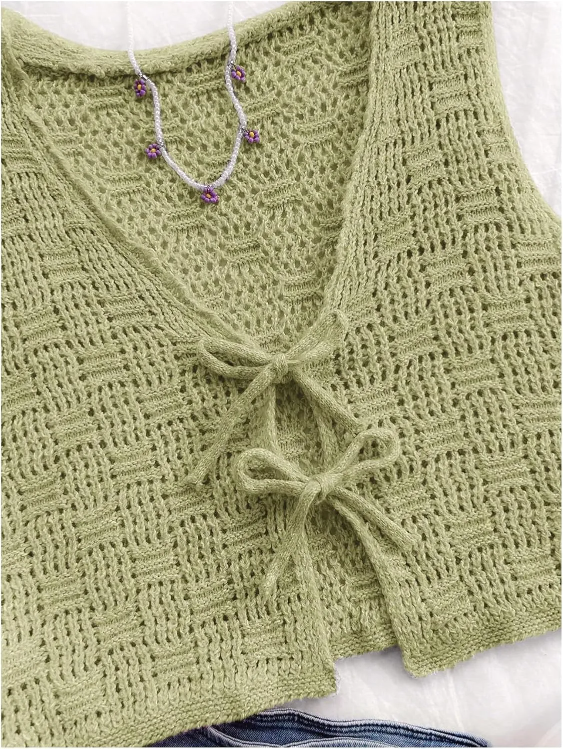 Women's V Neck Crochet Knit Sweater Vests Sleeveless Tie Front Tank Tops Summer Knitwear