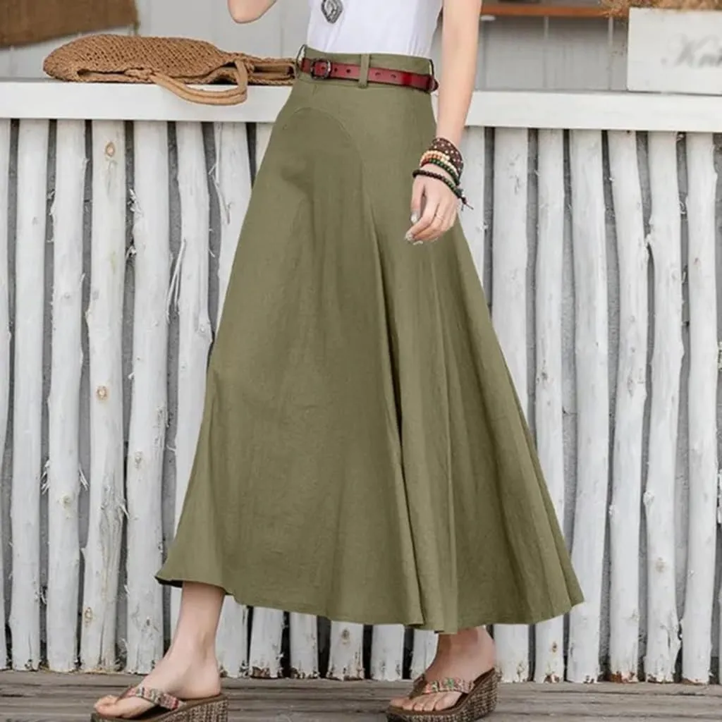 Women's Vintage High Waist A-Line Flared Midi Skirts with Pockets Plus Size Lightweight Casual Midi Skirt