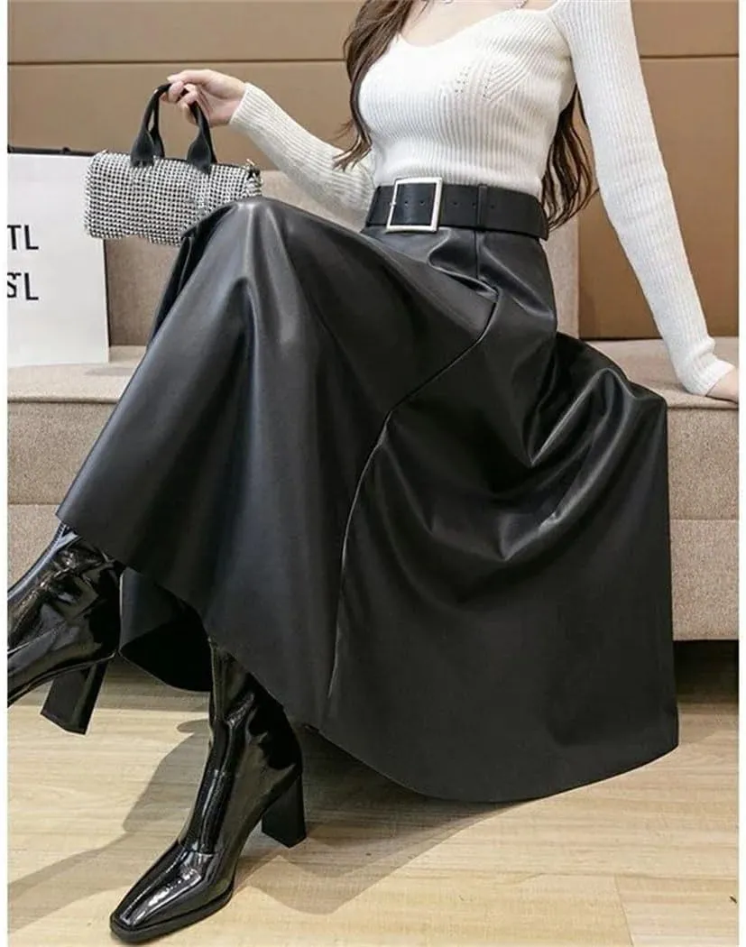 Women's Vintage Pleated Midi Length Skirt Autumn Winter High Waist Large Swing A Line Skirts with Belt