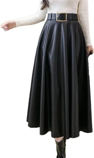 Women's Vintage Pleated Midi Length Skirt Autumn Winter High Waist Large Swing A Line Skirts with Belt