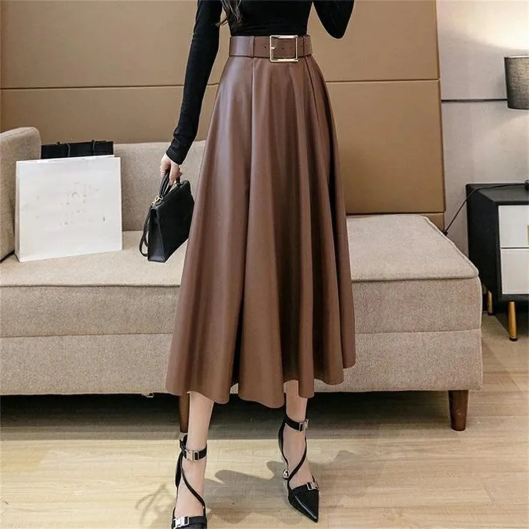 Women's Vintage Pleated Midi Length Skirt Autumn Winter High Waist Large Swing A Line Skirts with Belt