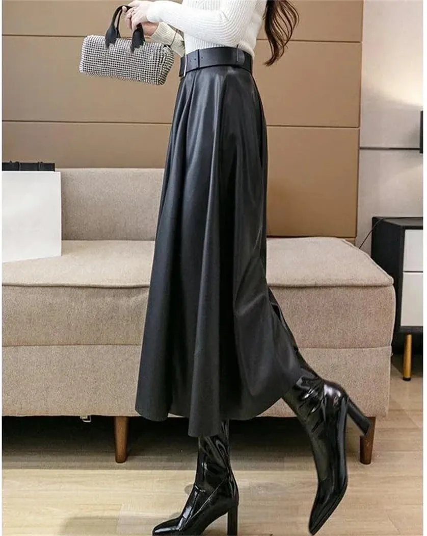 Women's Vintage Pleated Midi Length Skirt Autumn Winter High Waist Large Swing A Line Skirts with Belt