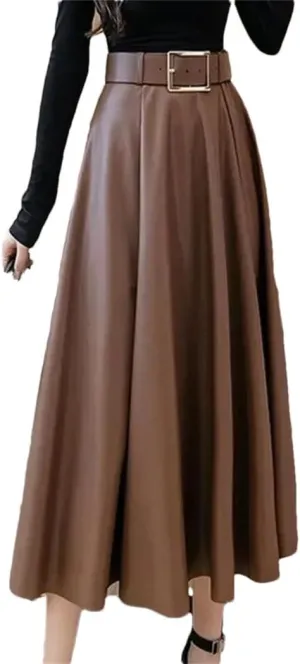 Women's Vintage Pleated Midi Length Skirt Autumn Winter High Waist Large Swing A Line Skirts with Belt