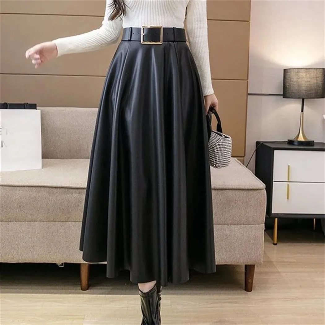 Women's Vintage Pleated Midi Length Skirt Autumn Winter High Waist Large Swing A Line Skirts with Belt