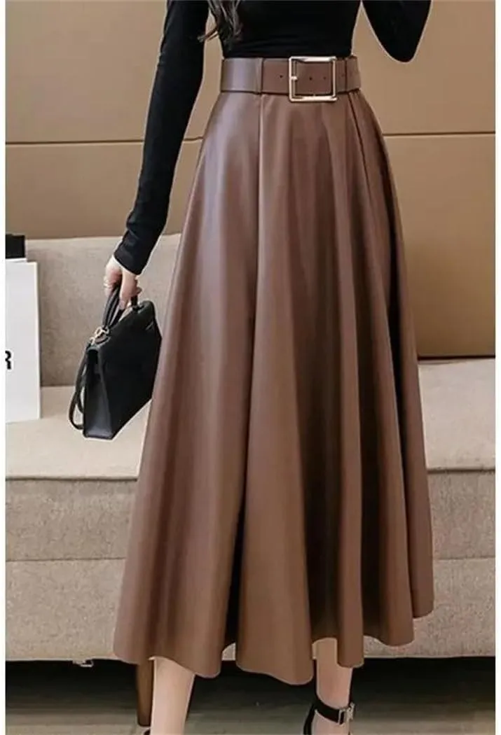 Women's Vintage Pleated Midi Length Skirt Autumn Winter High Waist Large Swing A Line Skirts with Belt
