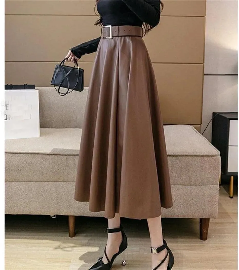 Women's Vintage Pleated Midi Length Skirt Autumn Winter High Waist Large Swing A Line Skirts with Belt