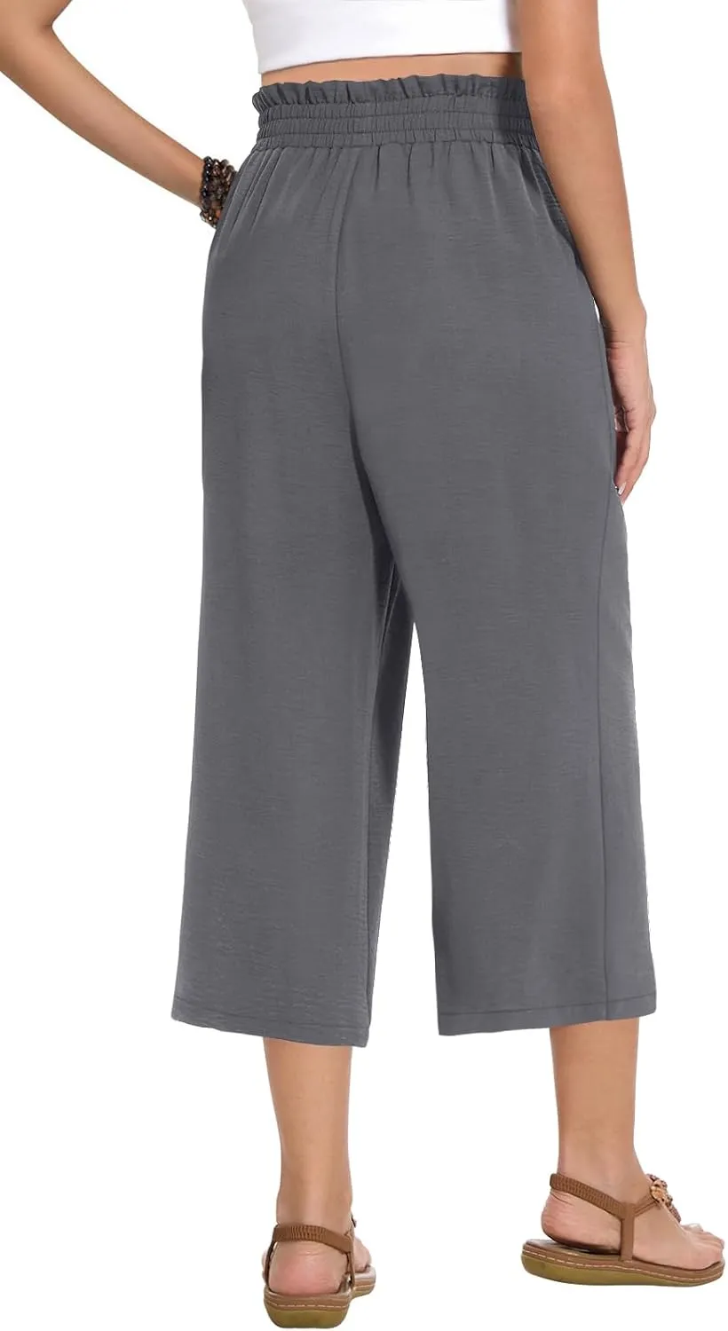 Womens Wide Leg Capri Pants Summer High Waisted Pants Drawstring Casual Loose Trousers with Pockets