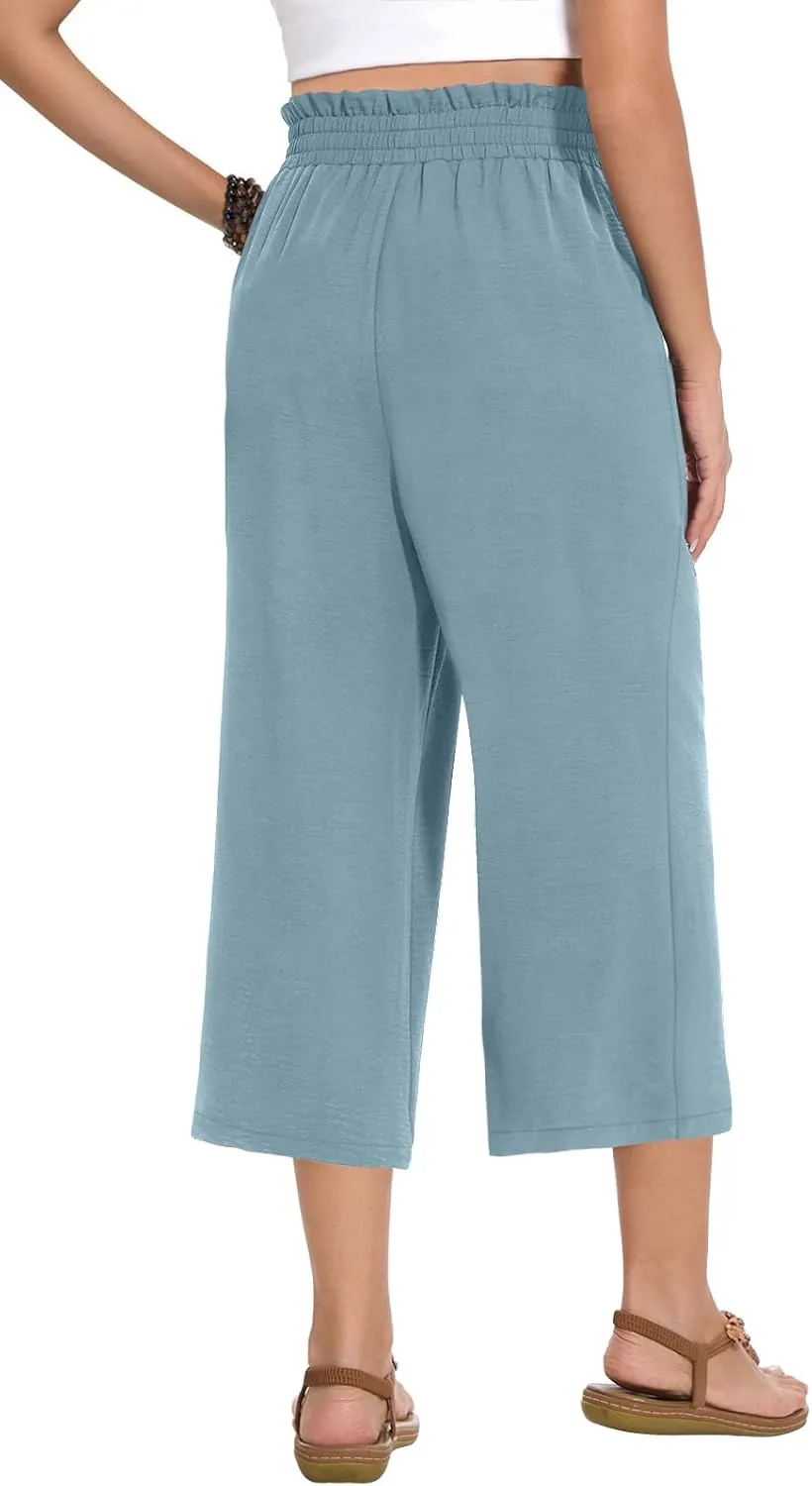 Womens Wide Leg Capri Pants Summer High Waisted Pants Drawstring Casual Loose Trousers with Pockets