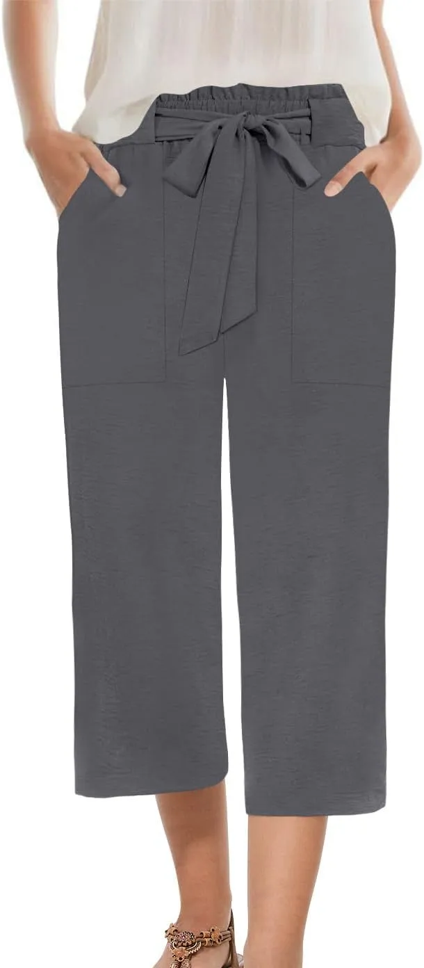 Womens Wide Leg Capri Pants Summer High Waisted Pants Drawstring Casual Loose Trousers with Pockets