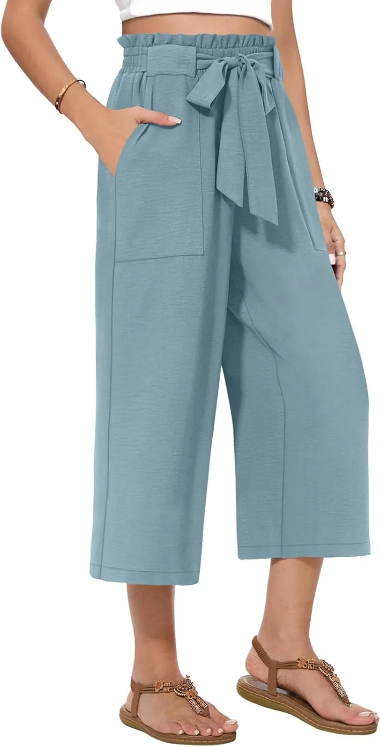 Womens Wide Leg Capri Pants Summer High Waisted Pants Drawstring Casual Loose Trousers with Pockets