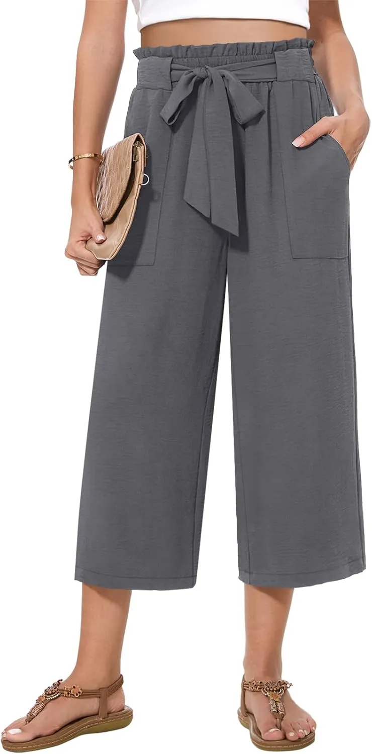 Womens Wide Leg Capri Pants Summer High Waisted Pants Drawstring Casual Loose Trousers with Pockets