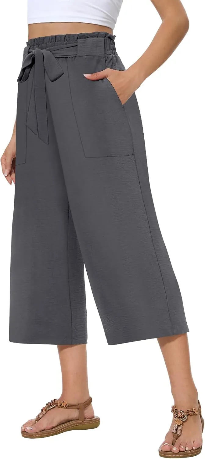 Womens Wide Leg Capri Pants Summer High Waisted Pants Drawstring Casual Loose Trousers with Pockets