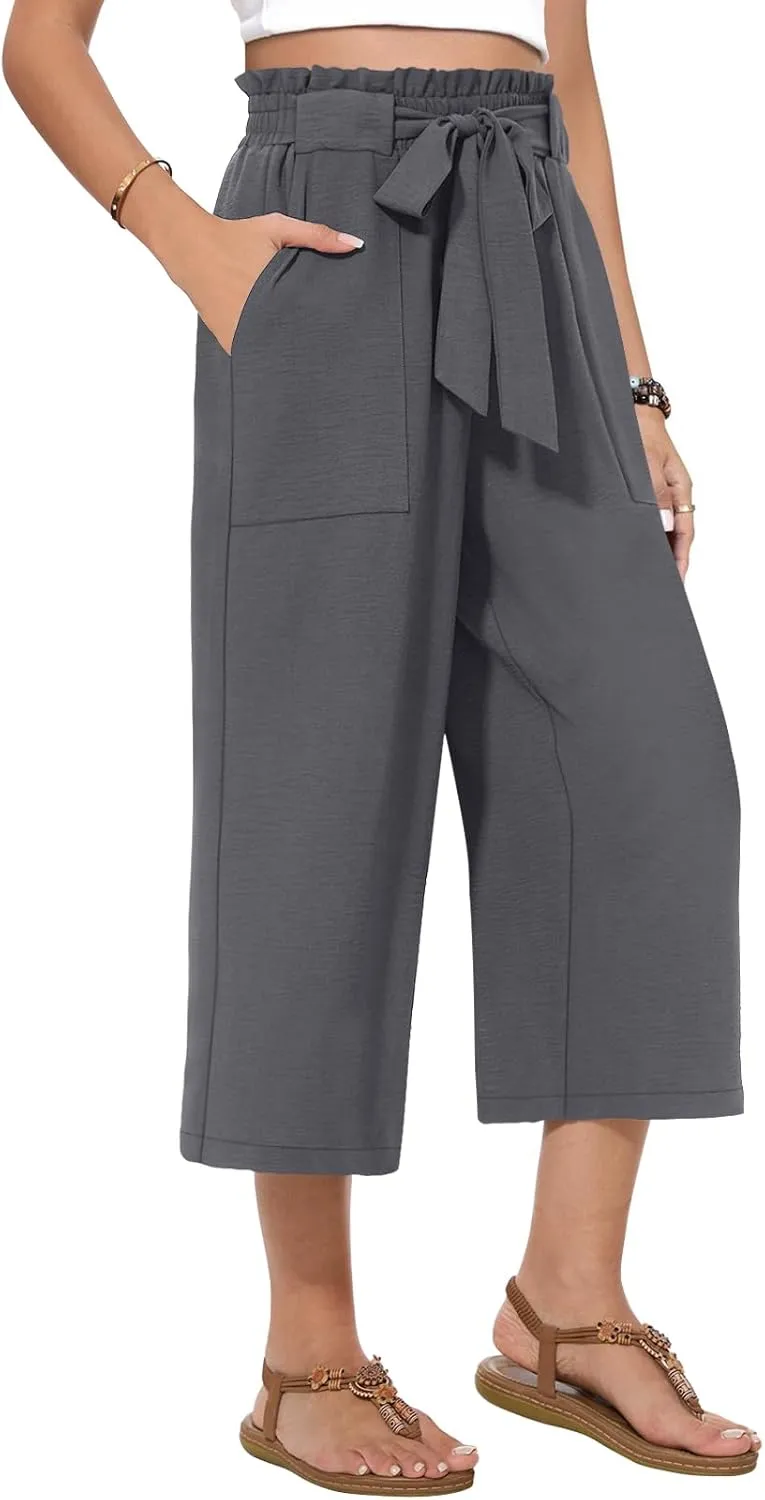 Womens Wide Leg Capri Pants Summer High Waisted Pants Drawstring Casual Loose Trousers with Pockets