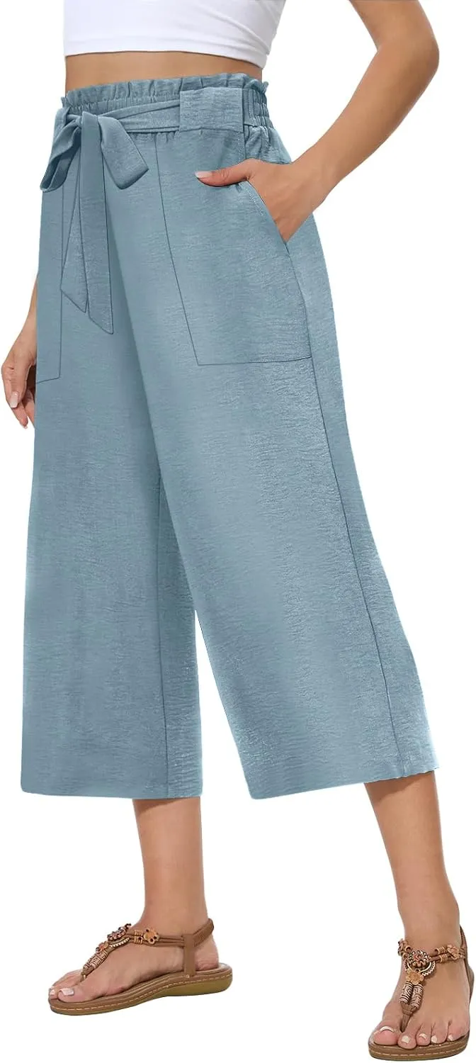 Womens Wide Leg Capri Pants Summer High Waisted Pants Drawstring Casual Loose Trousers with Pockets