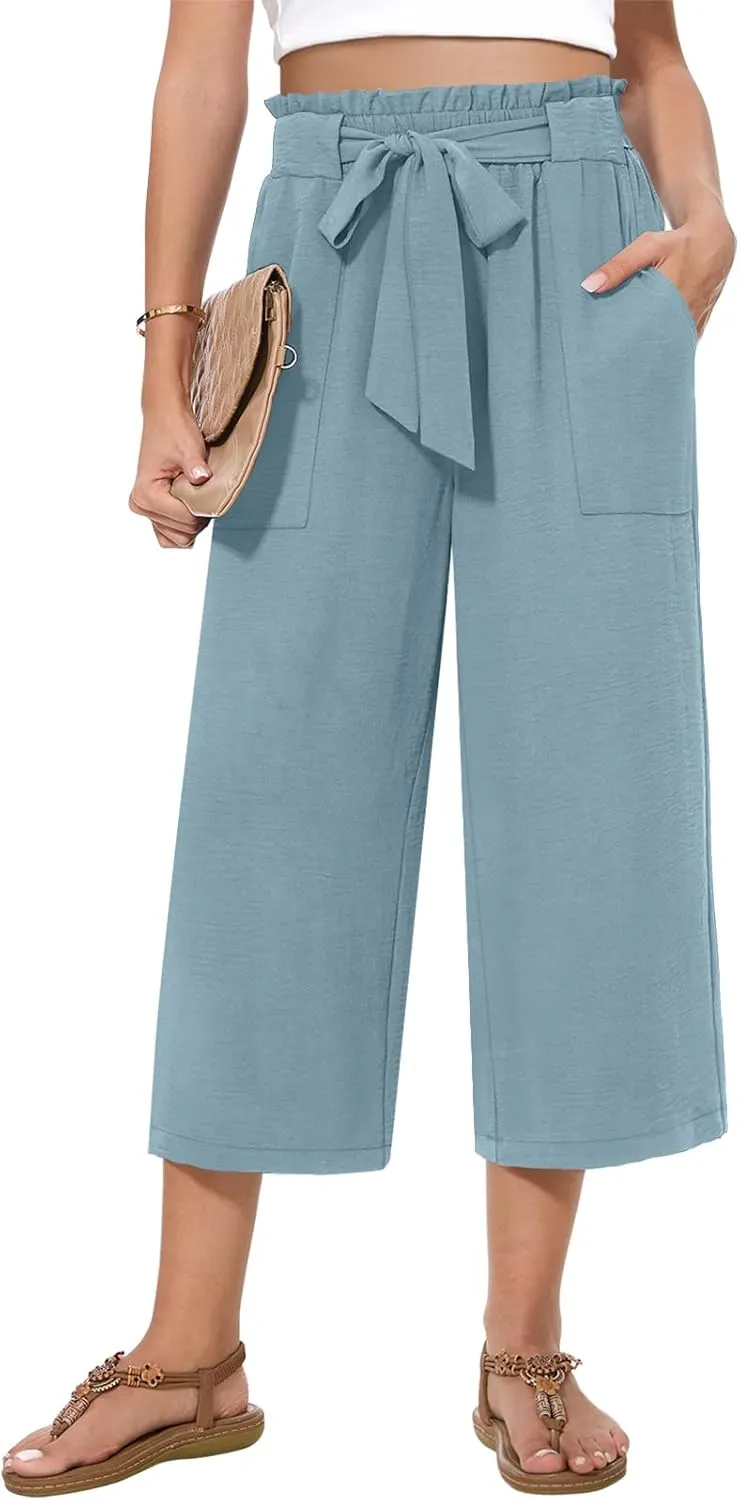 Womens Wide Leg Capri Pants Summer High Waisted Pants Drawstring Casual Loose Trousers with Pockets
