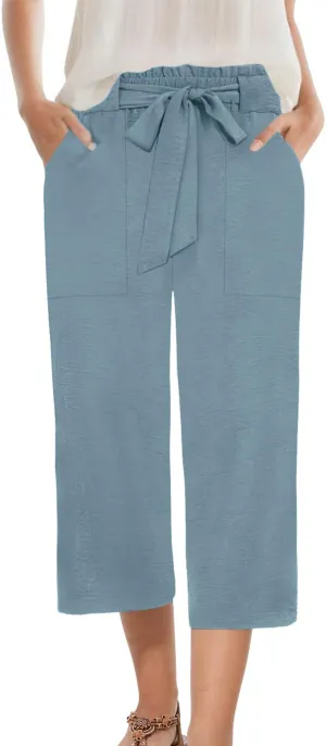 Womens Wide Leg Capri Pants Summer High Waisted Pants Drawstring Casual Loose Trousers with Pockets