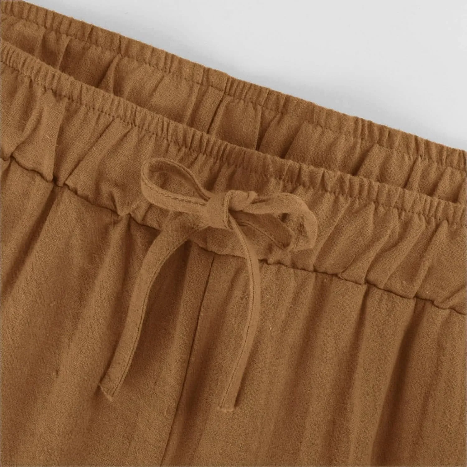 Womens Wide Leg Linen Pants Casual Summer Drawstring Flowy Palazzo Elastic High Waisted Loose Beach Trousers
