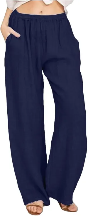 Womens Wide Leg Linen Pants Casual Summer Drawstring Flowy Palazzo Elastic High Waisted Loose Beach Trousers