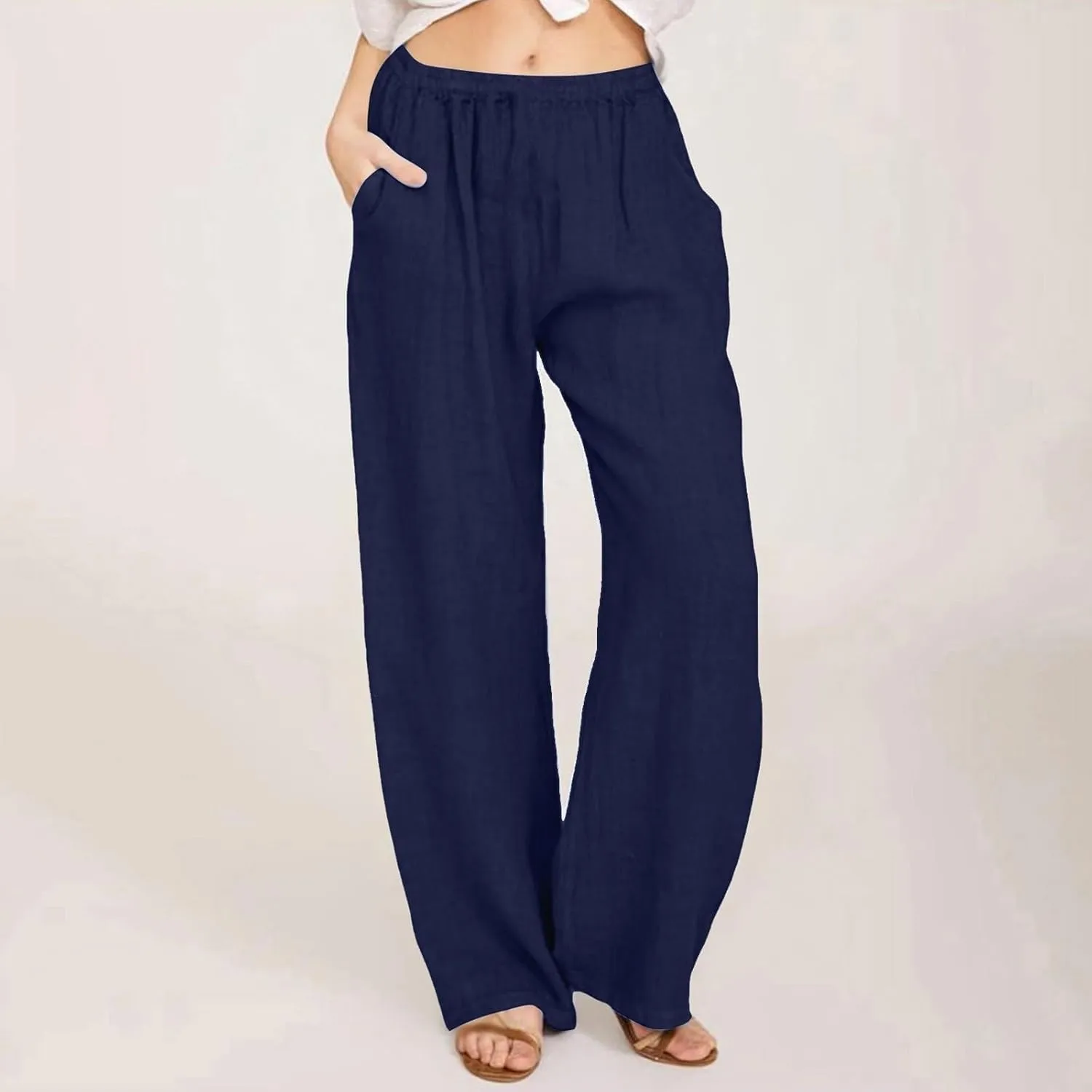 Womens Wide Leg Linen Pants Casual Summer Drawstring Flowy Palazzo Elastic High Waisted Loose Beach Trousers