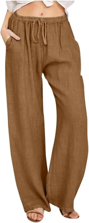 Womens Wide Leg Linen Pants Casual Summer Drawstring Flowy Palazzo Elastic High Waisted Loose Beach Trousers