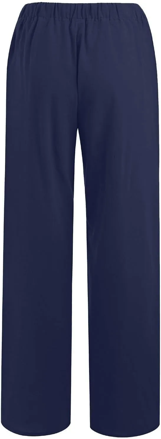 Womens Wide Leg Linen Pants Casual Summer Drawstring Flowy Palazzo Elastic High Waisted Loose Beach Trousers