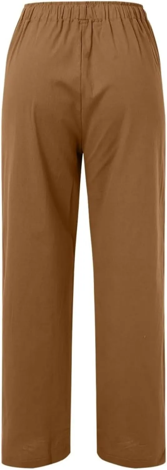 Womens Wide Leg Linen Pants Casual Summer Drawstring Flowy Palazzo Elastic High Waisted Loose Beach Trousers