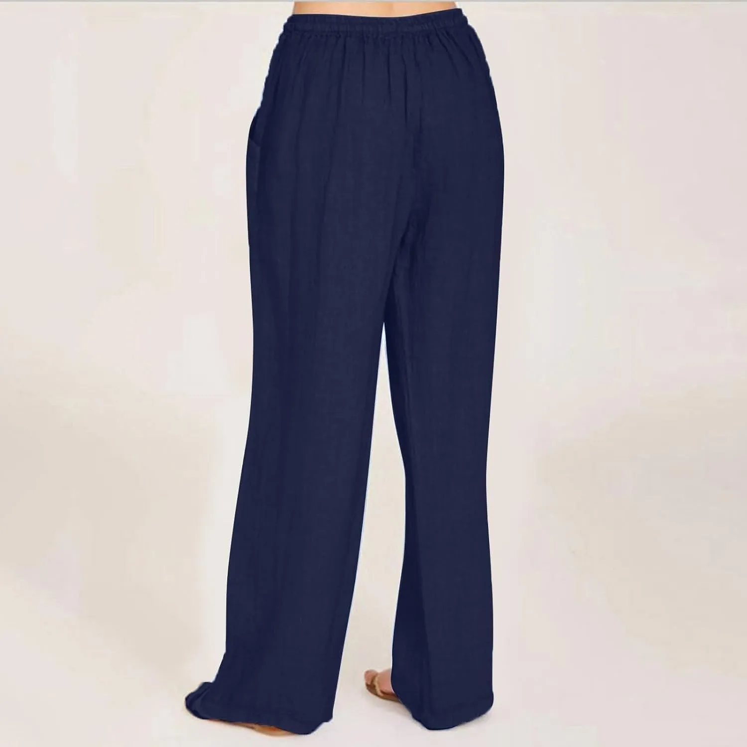 Womens Wide Leg Linen Pants Casual Summer Drawstring Flowy Palazzo Elastic High Waisted Loose Beach Trousers
