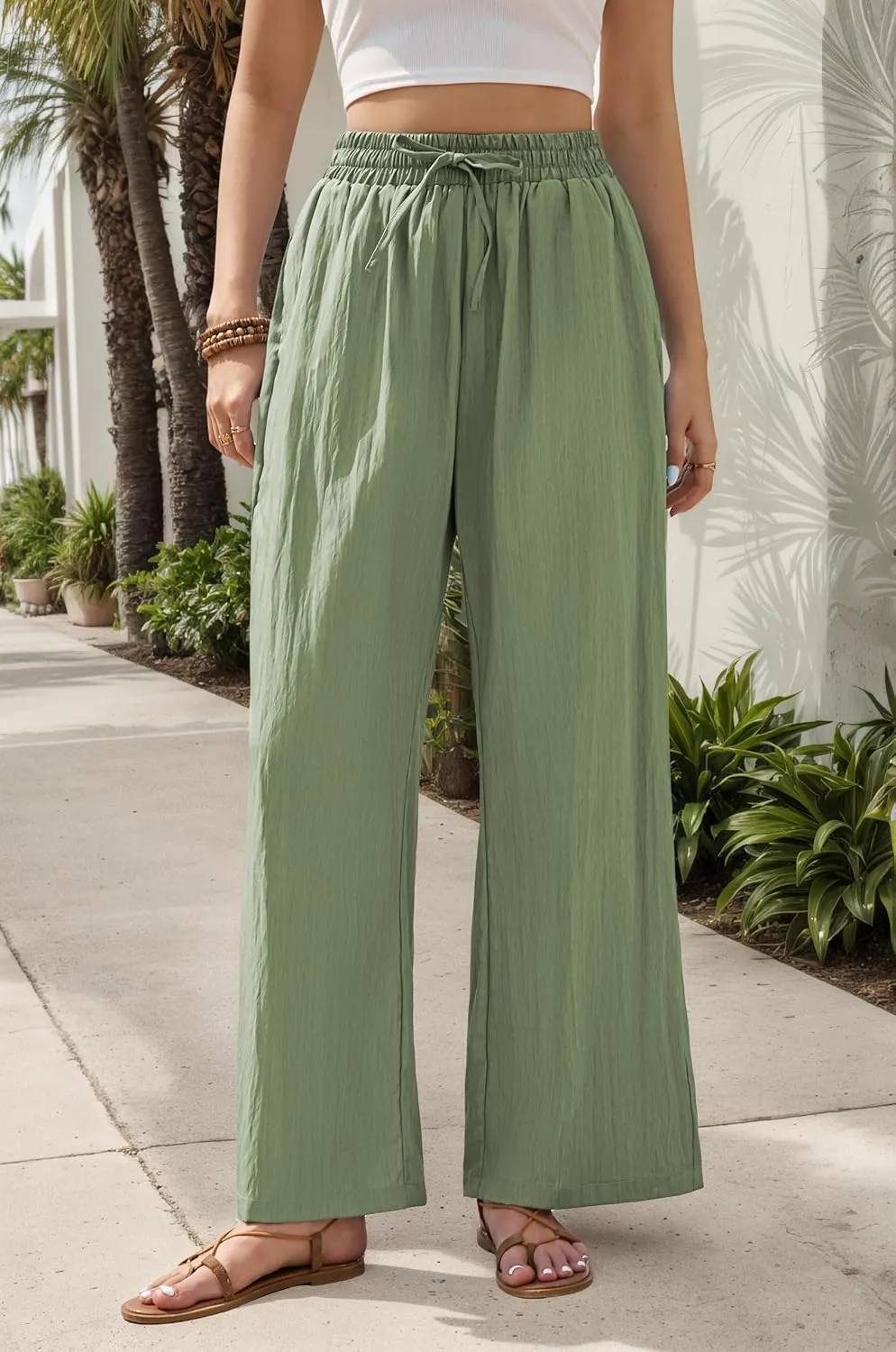 Women's Wide Leg Pants Flowy Pants for Women Casual Palazzo Trousers Loose Fit High Waisted Drawstring with Pocket