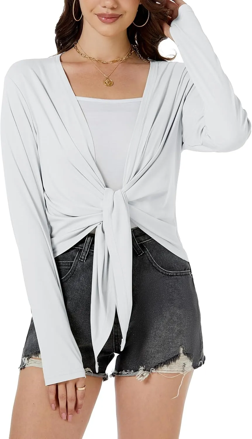Yekaty Women's Summer Front Tie Cardigan Coveups Shrug Long Sleeve Lightweight Short Shawl Tops