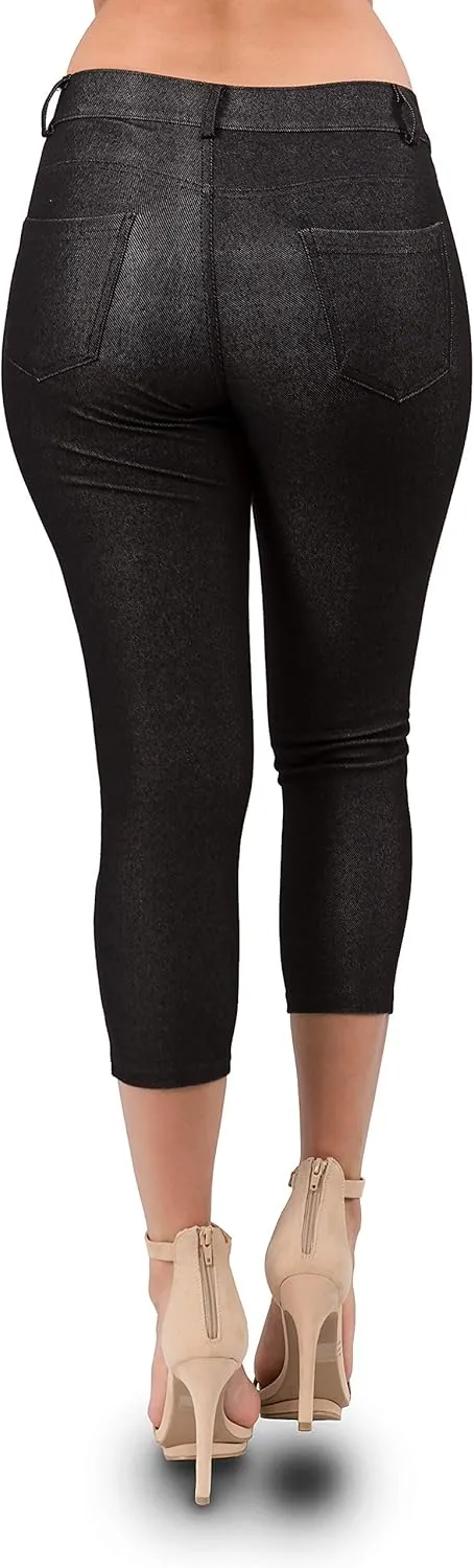 Ylluo Women's Jeggings with Pockets - Skinny Fit Denim Look - High Waisted Stretchy Pull On Pants - Full-Length & Capri