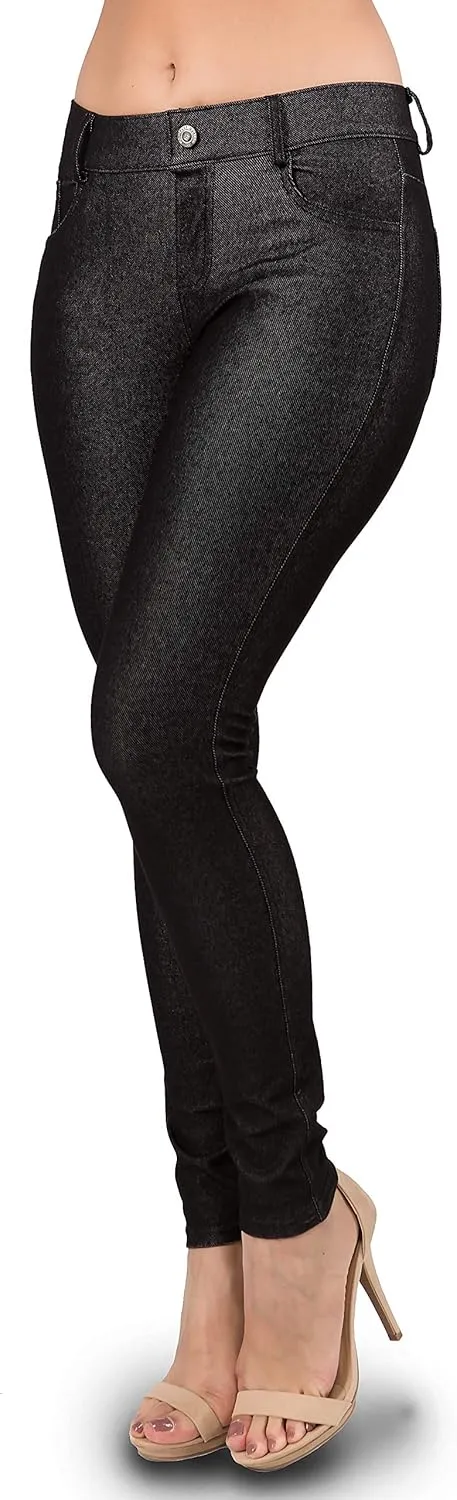Ylluo Women's Jeggings with Pockets - Skinny Fit Denim Look - High Waisted Stretchy Pull On Pants - Full-Length & Capri
