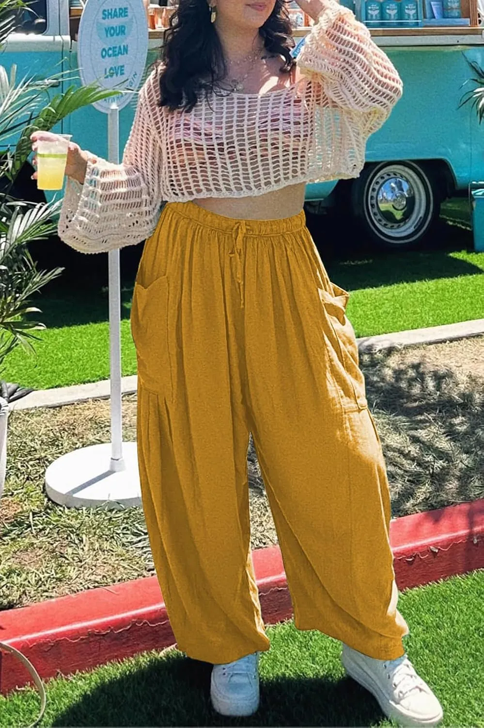 YOCUR Women Summer Beach Vacation Pants High Waisted Wide Leg Pants Printed Loose Flowy Casual Palazzo Lounge Trousers