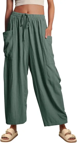 YOCUR Women Summer Beach Vacation Pants High Waisted Wide Leg Pants Printed Loose Flowy Casual Palazzo Lounge Trousers