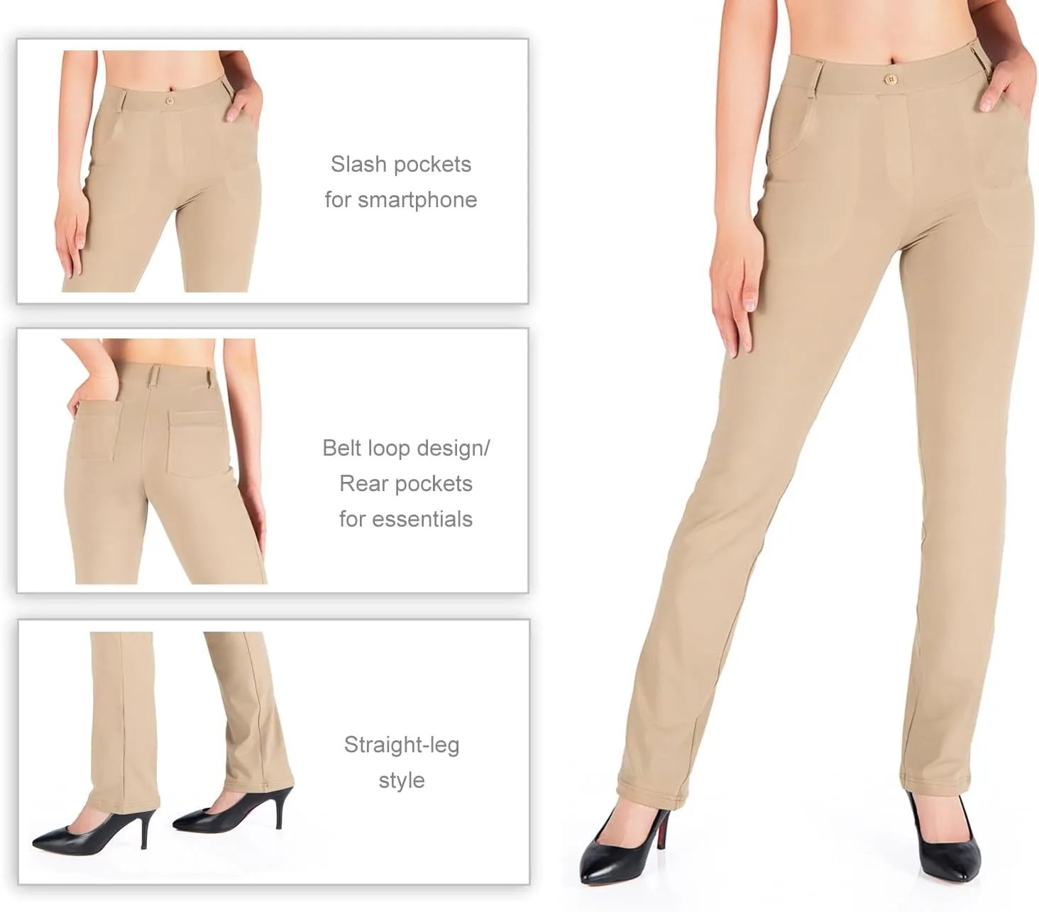 Yogipace,Belt Loops,Women's Petite/Regular/Tall Straight Leg Yoga Dress Pants