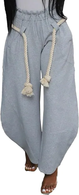 YOOTIKO Womens Straight Wide Leg Pants Barrel Sweatpants Hemp Rope Elastic High Waist Baggy Trousers