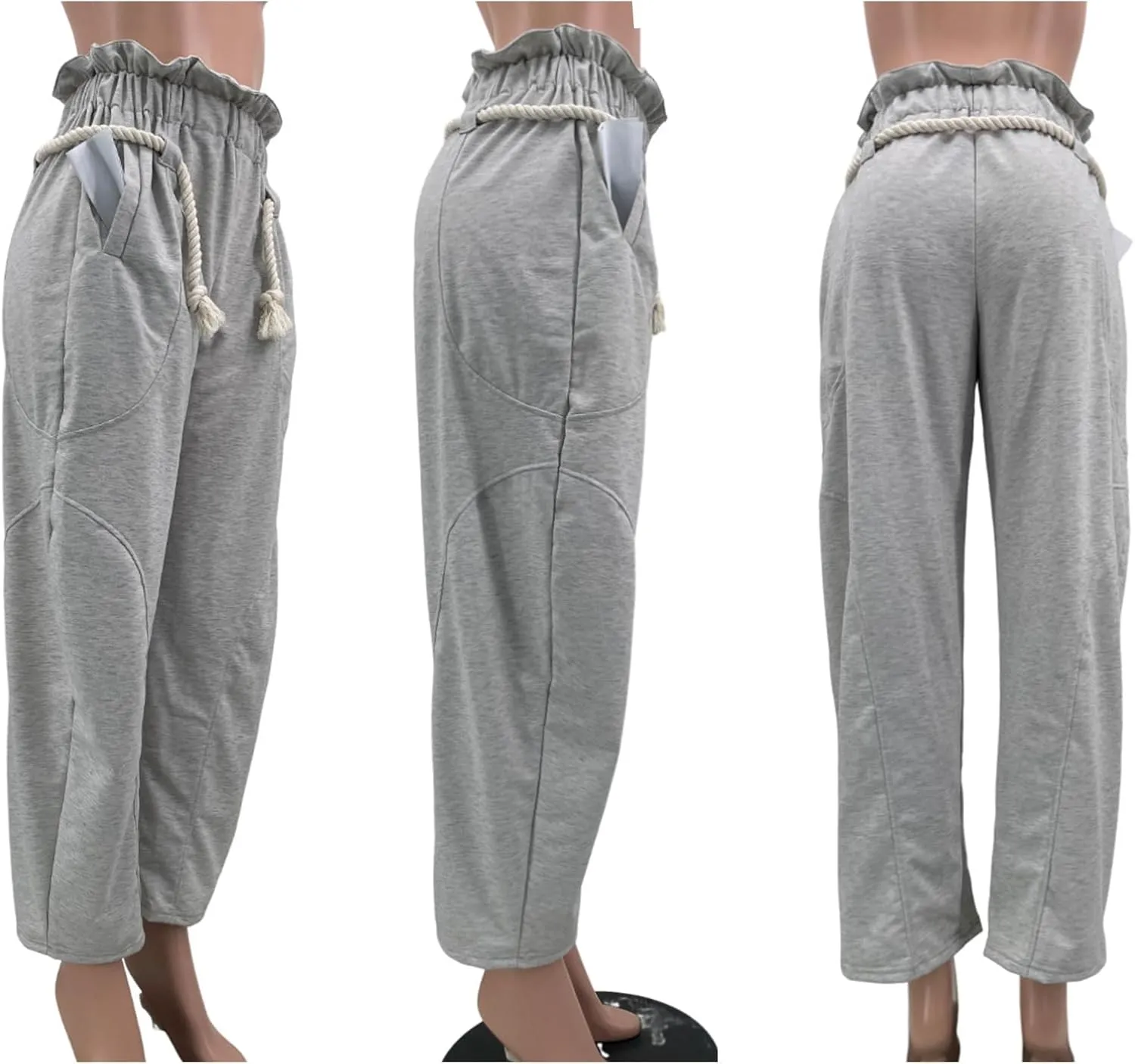 YOOTIKO Womens Straight Wide Leg Pants Barrel Sweatpants Hemp Rope Elastic High Waist Baggy Trousers