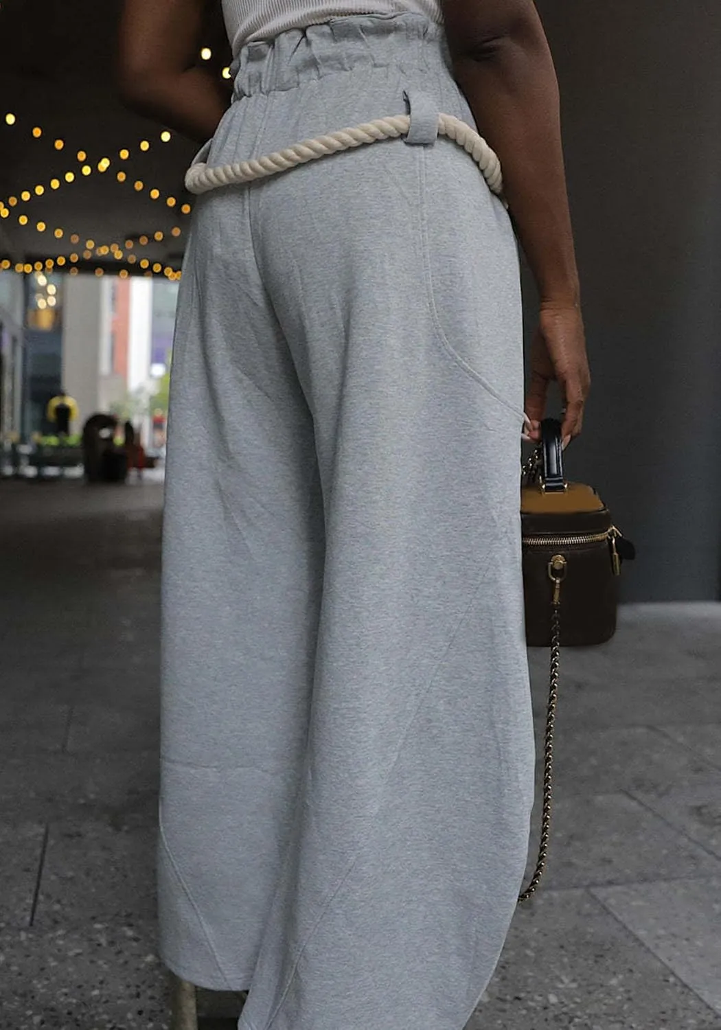 YOOTIKO Womens Straight Wide Leg Pants Barrel Sweatpants Hemp Rope Elastic High Waist Baggy Trousers