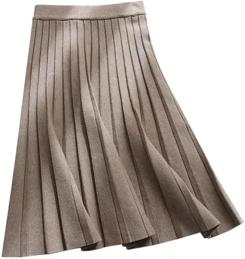 YTR6TW Women Winter Knitted Midi Skirt Elegant High Waist Pleated A-Line Long Skirt Spring Autumn Korean Skirt