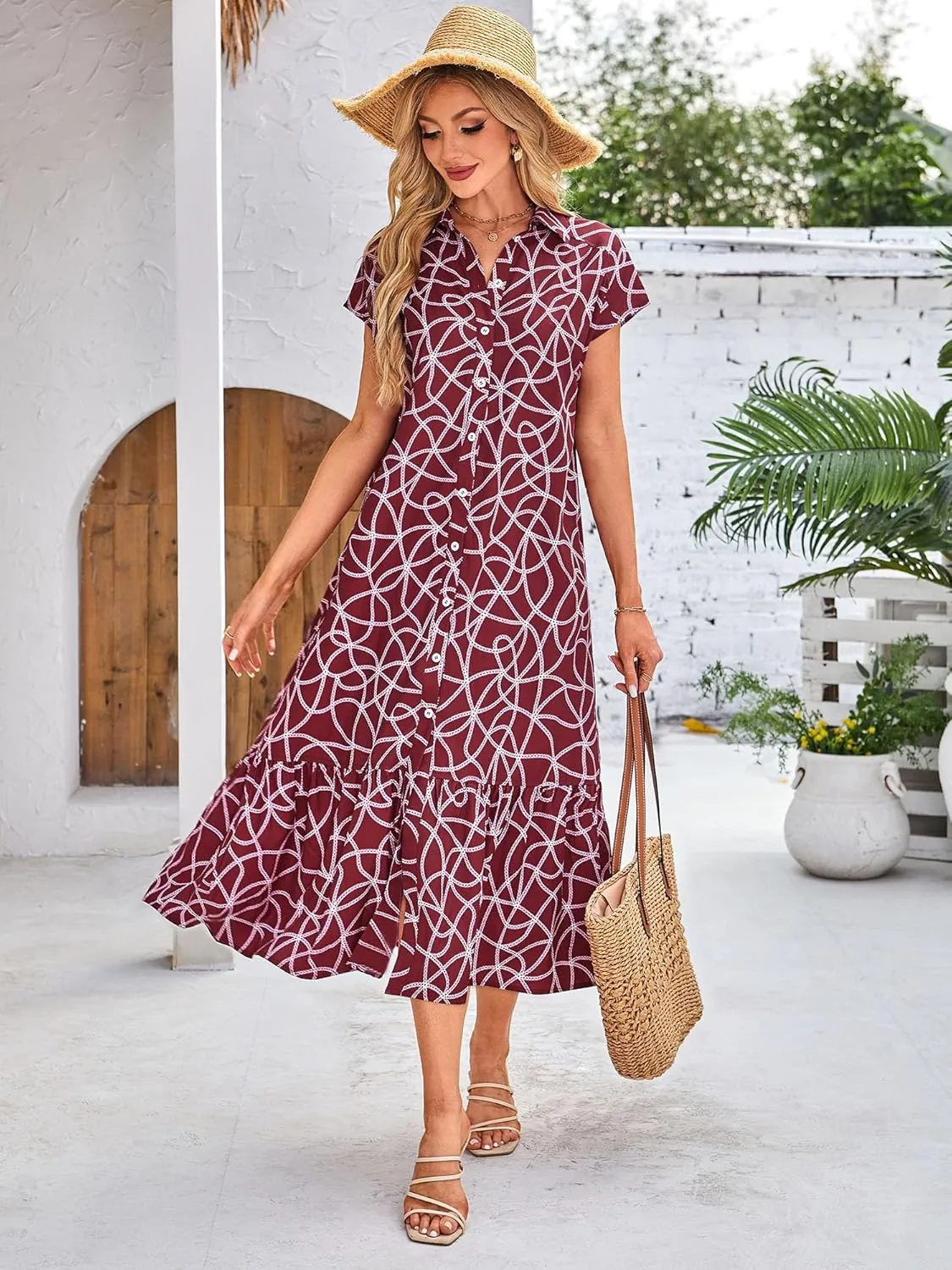 ZABERRY Button Down Collar Neck Wrap Dress with Belt Cap Sleeve Long Maxi Summer Wedding Guest Dresses for Women
