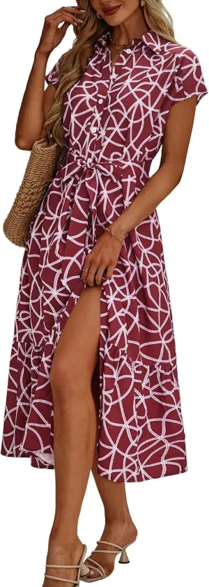ZABERRY Button Down Collar Neck Wrap Dress with Belt Cap Sleeve Long Maxi Summer Wedding Guest Dresses for Women