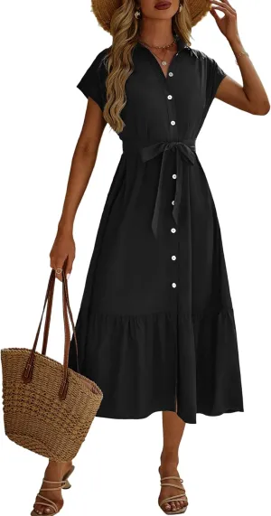 ZABERRY Button Down Collar Neck Wrap Dress with Belt Cap Sleeve Long Maxi Summer Wedding Guest Dresses for Women
