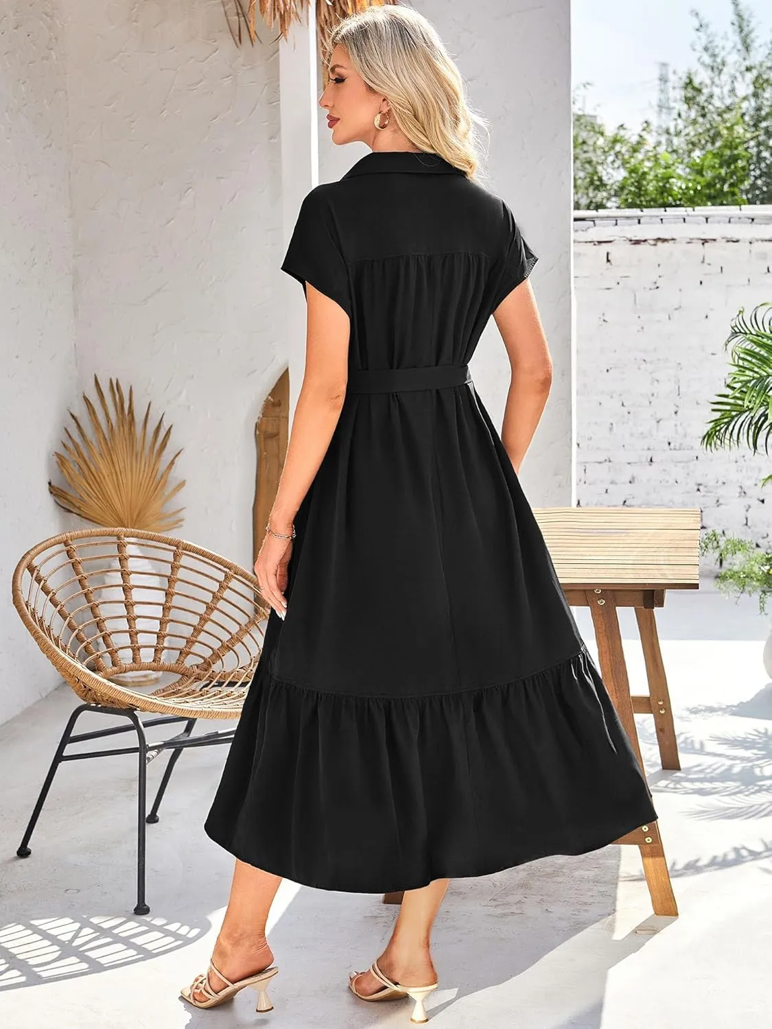 ZABERRY Button Down Collar Neck Wrap Dress with Belt Cap Sleeve Long Maxi Summer Wedding Guest Dresses for Women