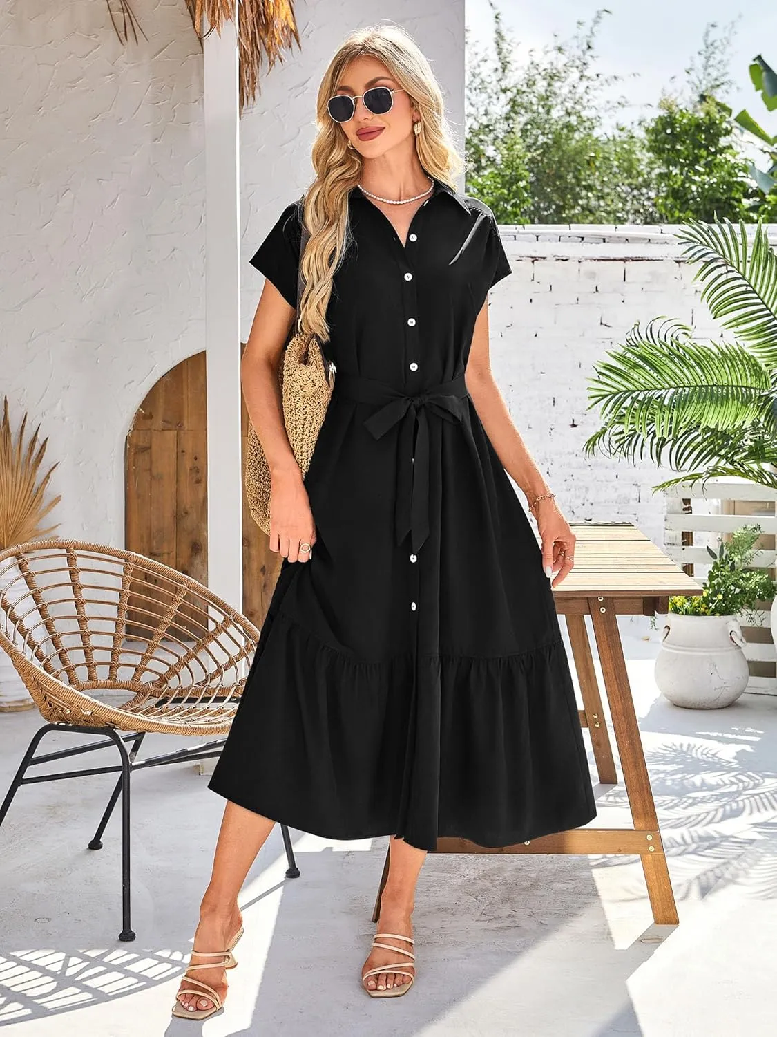 ZABERRY Button Down Collar Neck Wrap Dress with Belt Cap Sleeve Long Maxi Summer Wedding Guest Dresses for Women