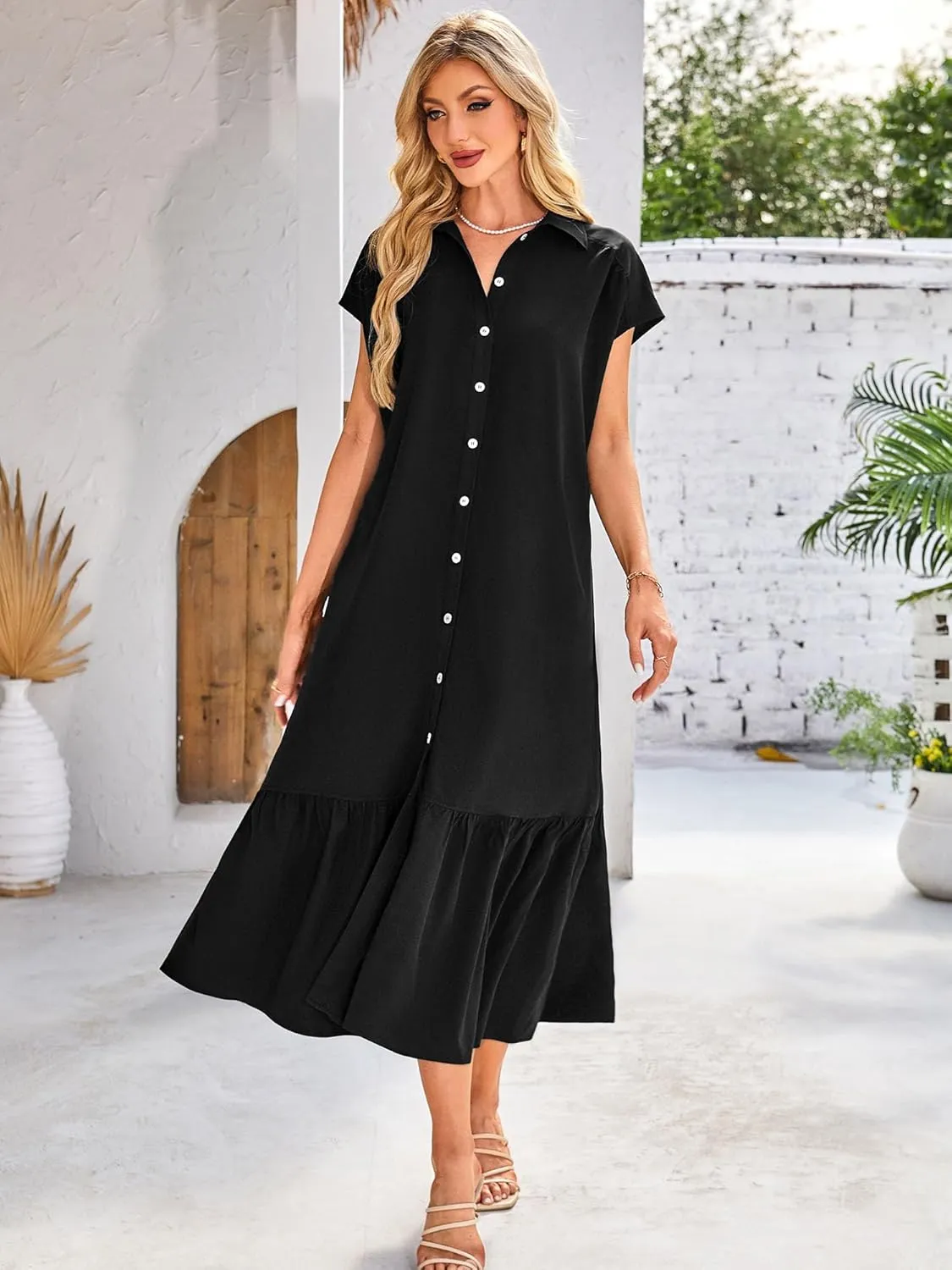 ZABERRY Button Down Collar Neck Wrap Dress with Belt Cap Sleeve Long Maxi Summer Wedding Guest Dresses for Women