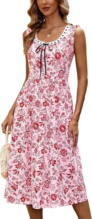 ZABERRY Womens Boho Sundresses Square Neck Flutter Sleeves Self Tie Front A Line Milkmaid Summer Midi Dress 2025 Vacation