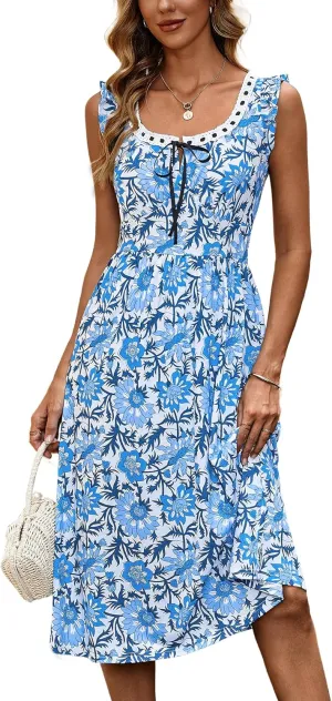 ZABERRY Womens Boho Sundresses Square Neck Flutter Sleeves Self Tie Front A Line Milkmaid Summer Midi Dress 2025 Vacation