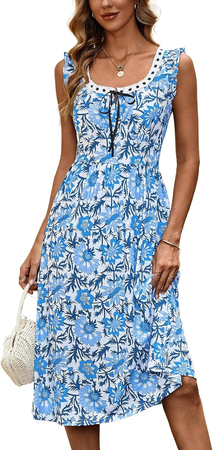 ZABERRY Womens Boho Sundresses Square Neck Flutter Sleeves Self Tie Front A Line Milkmaid Summer Midi Dress 2025 Vacation