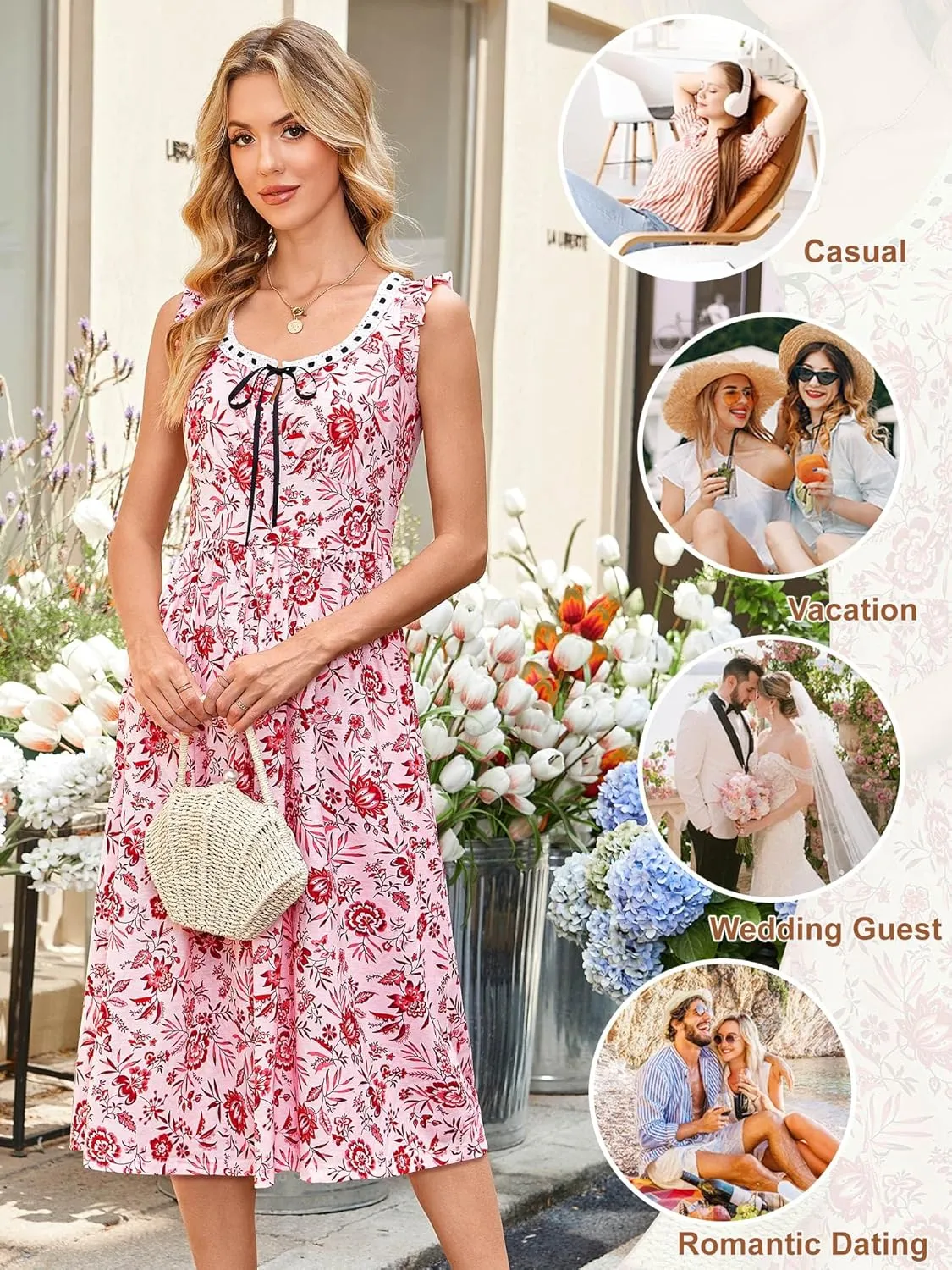 ZABERRY Womens Boho Sundresses Square Neck Flutter Sleeves Self Tie Front A Line Milkmaid Summer Midi Dress 2025 Vacation
