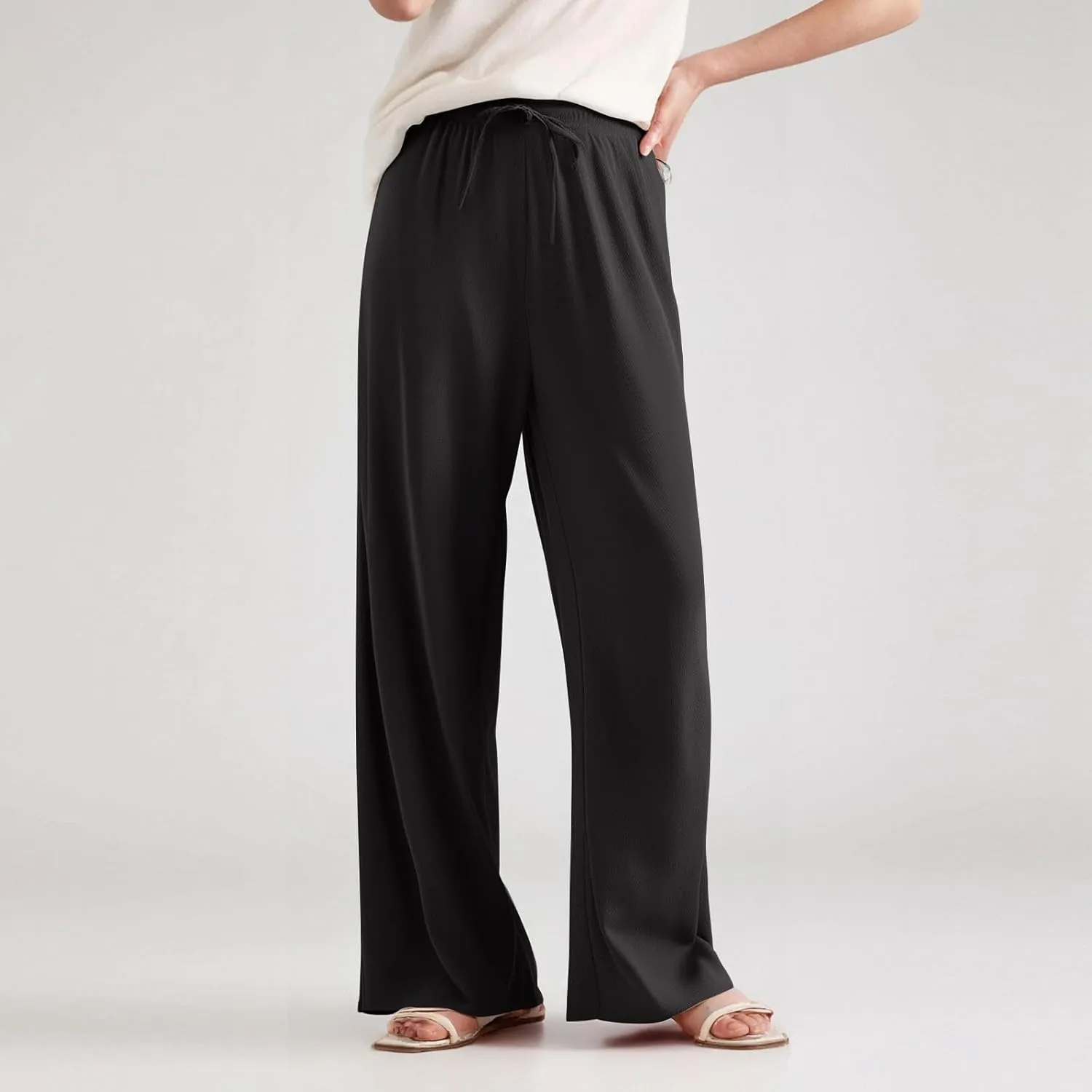 ZEFOTIM Wide Leg Lounge Pants for Women Drawstring High Waisted Pants Solid Color Lounge Trouser with Pocket